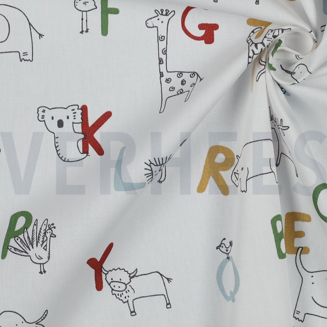 POPLIN GOTS ANIMAL ALPHABETH WHITE #3