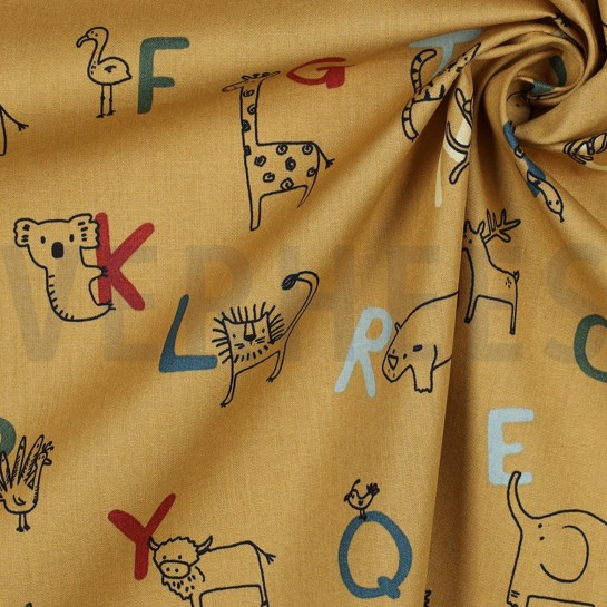 KATOENEN POPLIN GOTS DIERENALFABET MOSTERDGEEL #7