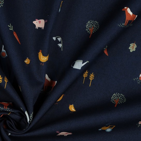 BAUMWOLLE POPELINE BAUERNHOFLEBEN MARINEBLAU #7