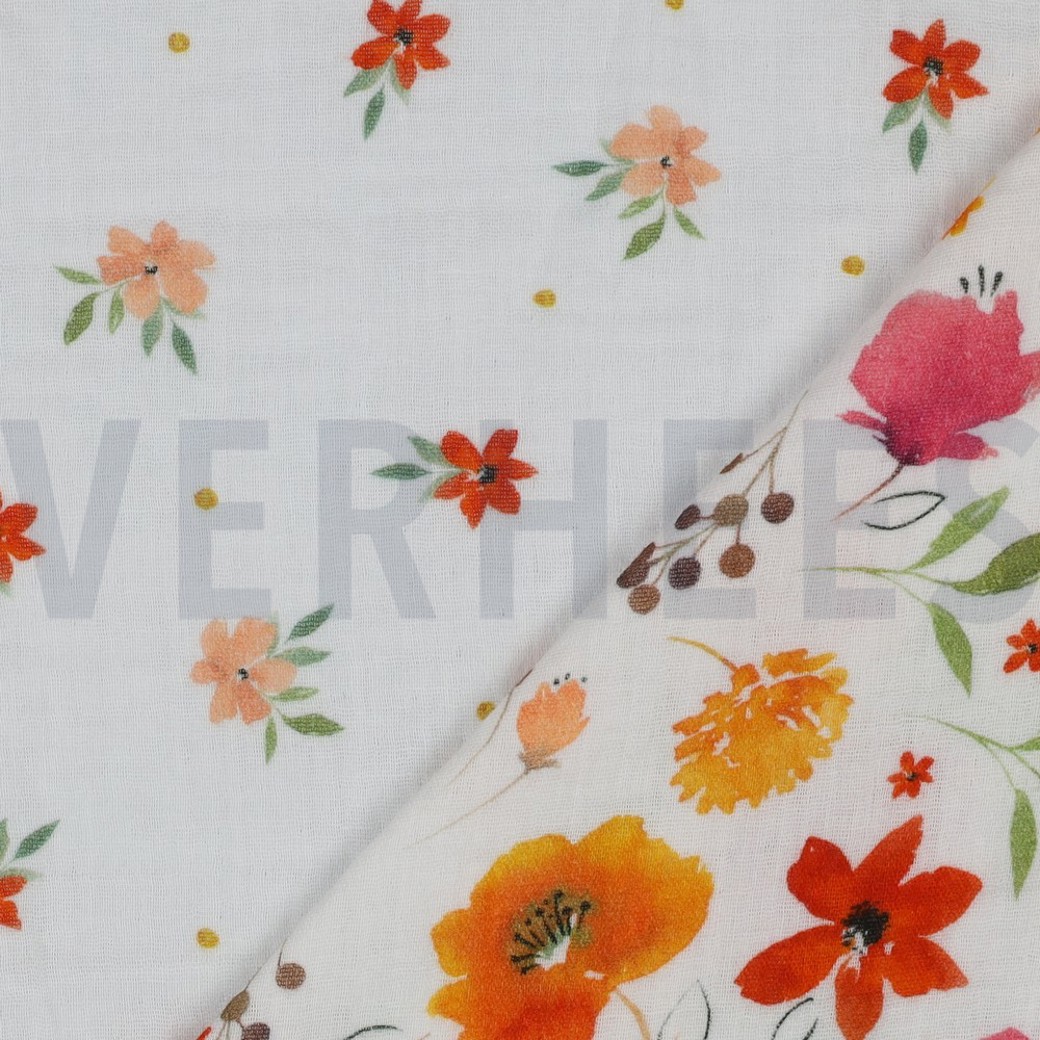 DOUBLE GAUZE DIGITAL FLOWERS WHITE / PINK #3