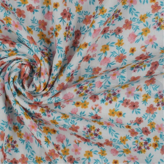 DOUBLE GAUZE GOTS DIGITAL FLOWERS WHITE / PINK #7