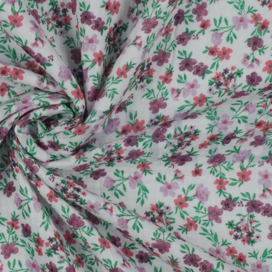 DOUBLE GAUZE GOTS DIGITAL FLOWERS WHITE / GRAPE #7