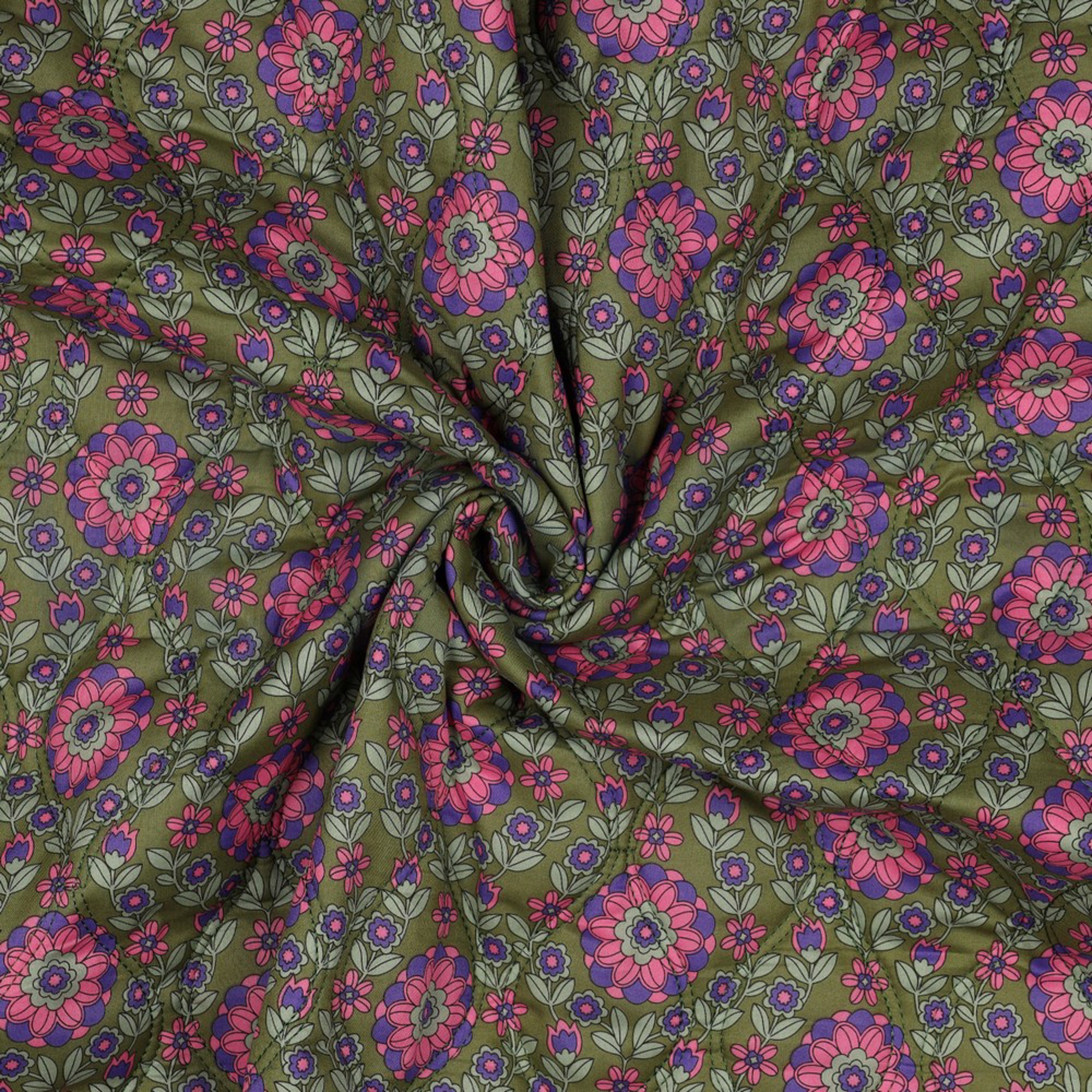 COTTON VOILE STEPPED FLOWERS PURPLE / ARMY GREEN (high resolution) #3
