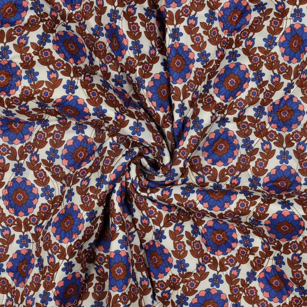 COTTON VOILE STEPPED FLOWERS CARAMEL / COBALT #3