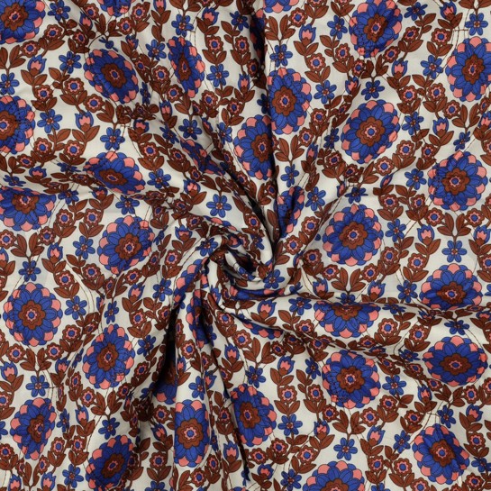 COTTON VOILE STEPPED FLOWERS CARAMEL/ COBALT #7