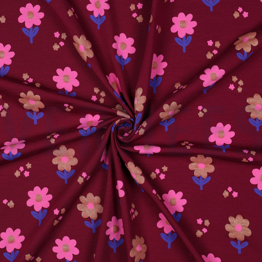JERSEY GLITTER FLOWERS BORDEAUX #3