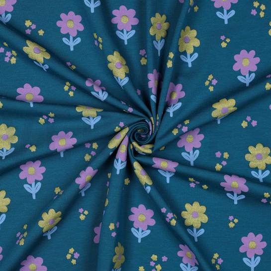 JERSEY GLITTER FLOWERS PETROL #7