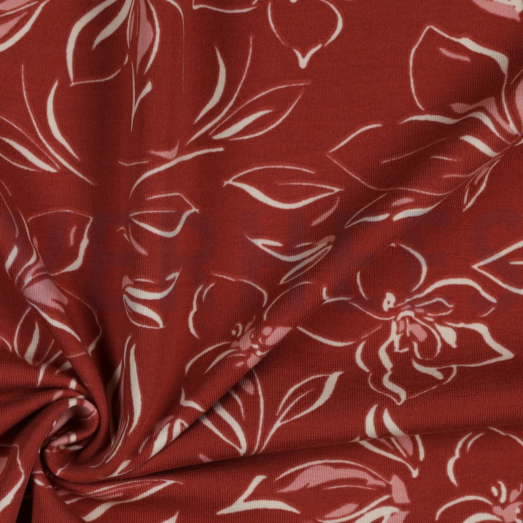 FRENCH TERRY FLOWERS KETCHUP RED #3