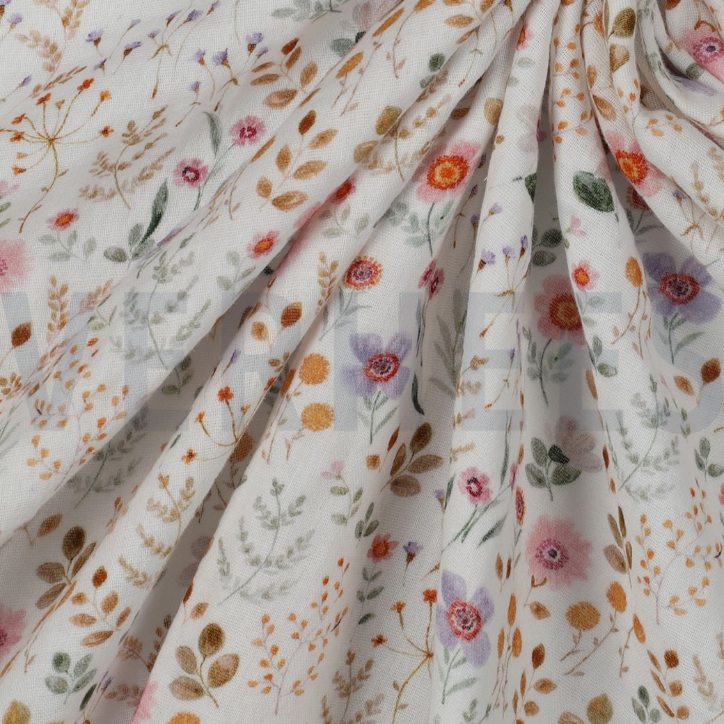 DOUBLE GAUZE DIGITAL SMALL FLOWERS WHITE #3
