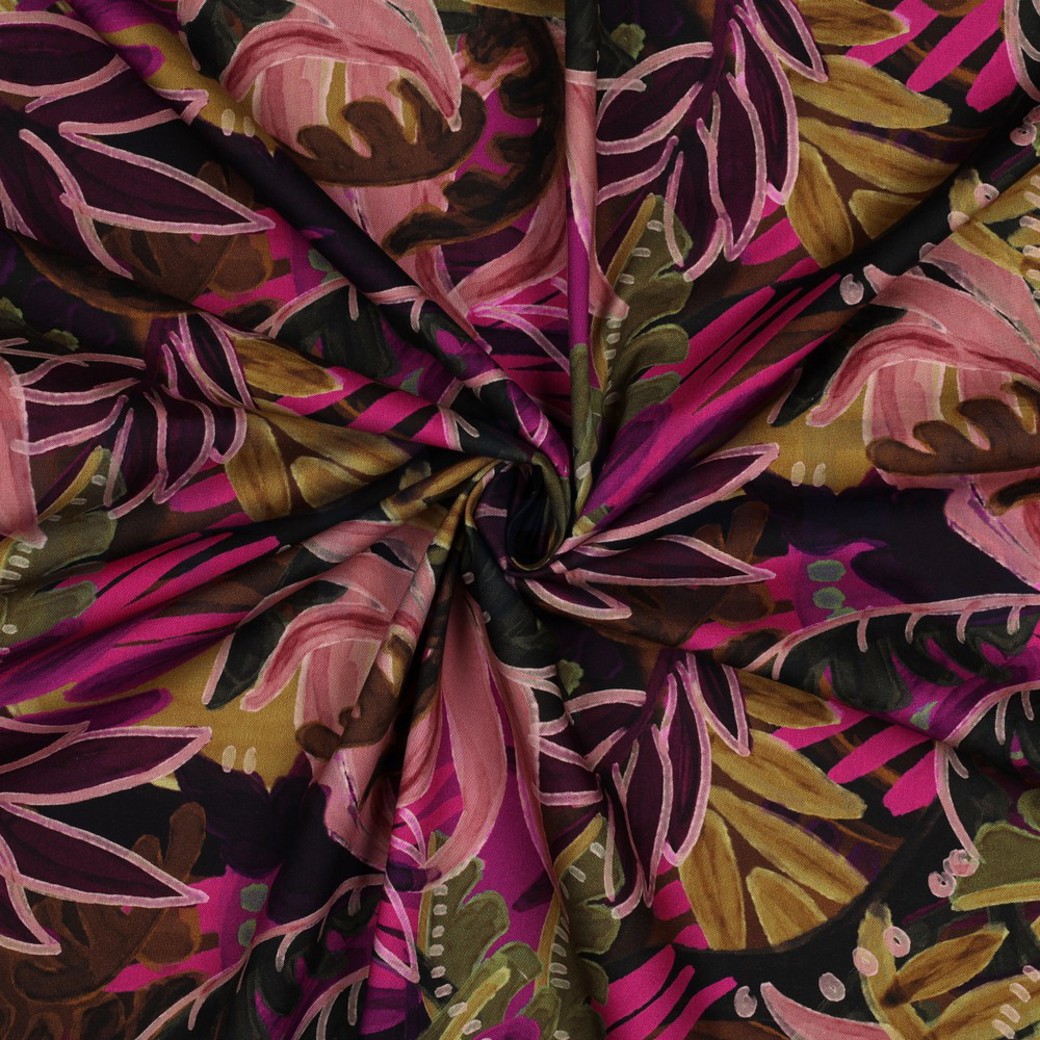 COTTON VISCOSE DIGITAL LEAVES PINK/ OCHRE #3