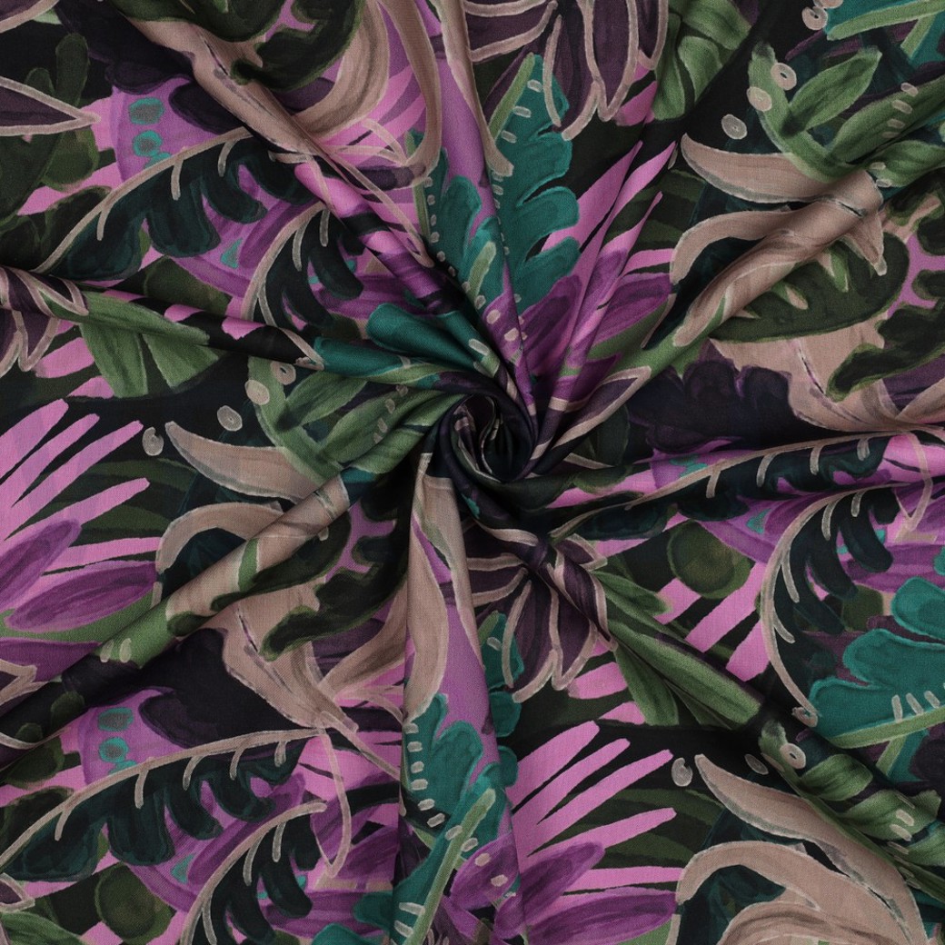 COTTON VISCOSE DIGITAL LEAVES PURPLE/ GREEN #3