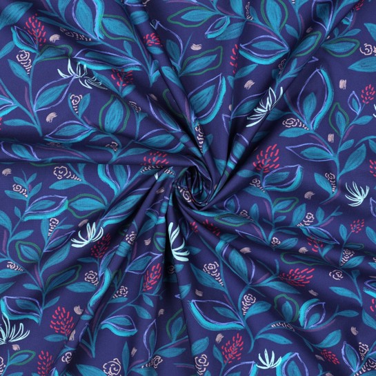 FINE POPLIN DIGITAL LEAVES COBALT #7