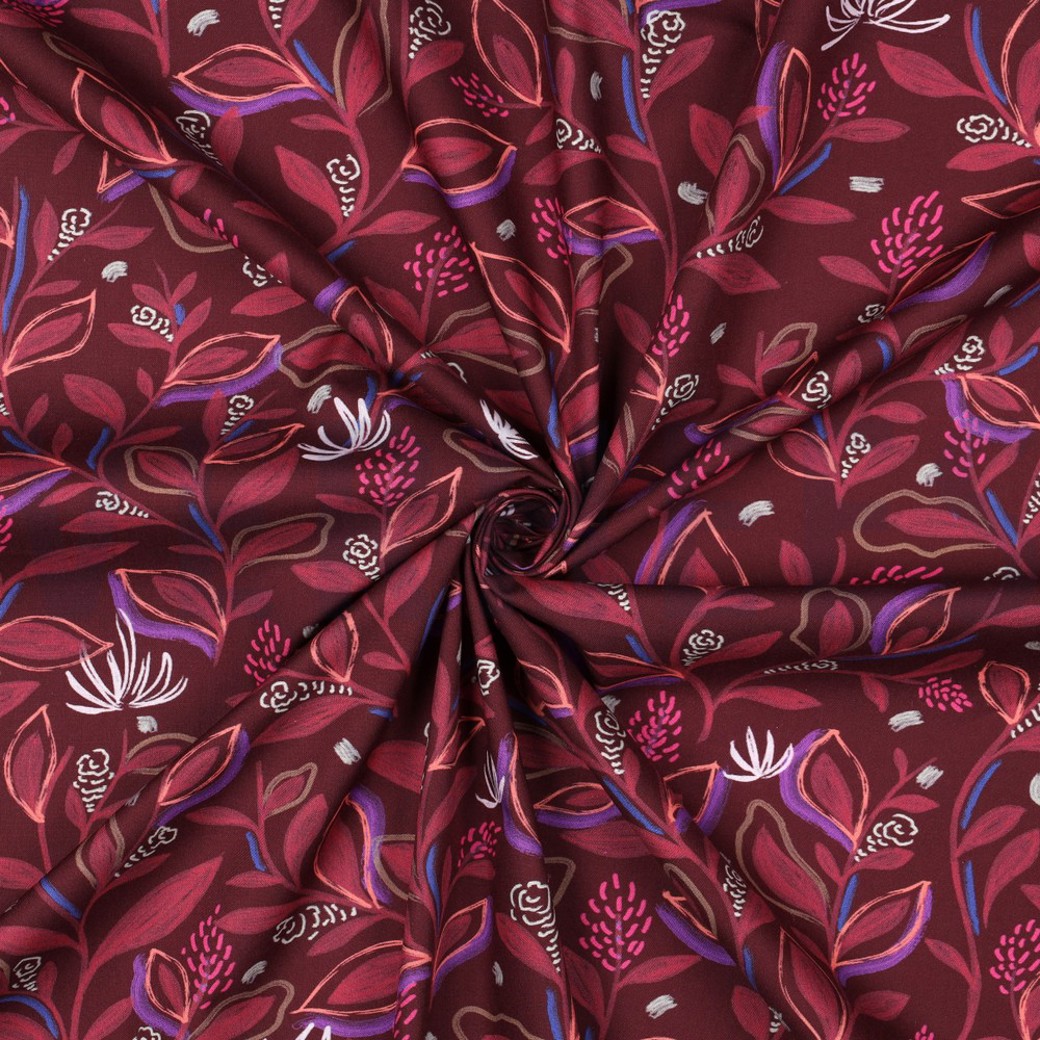 FINE POPLIN DIGITAL LEAVES BORDEAUX #3