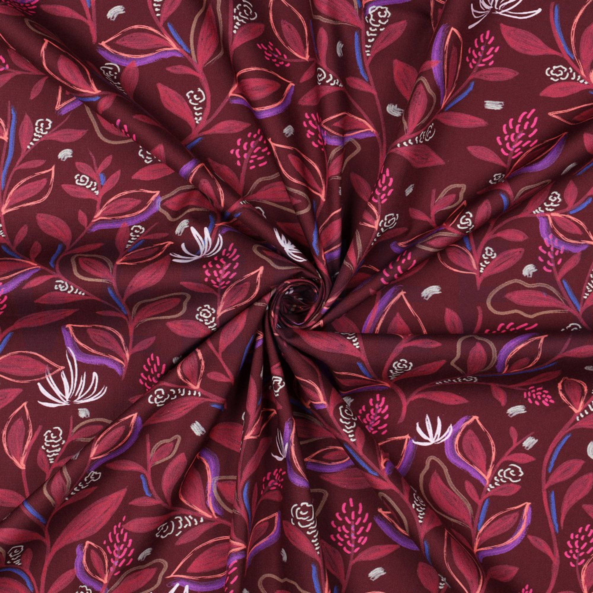 FINE POPLIN DIGITAL LEAVES BORDEAUX (high resolution) #3