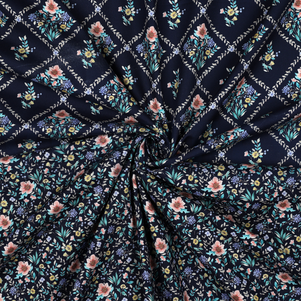 FINE POPLIN DIGITAL FLOWERS NAVY #3