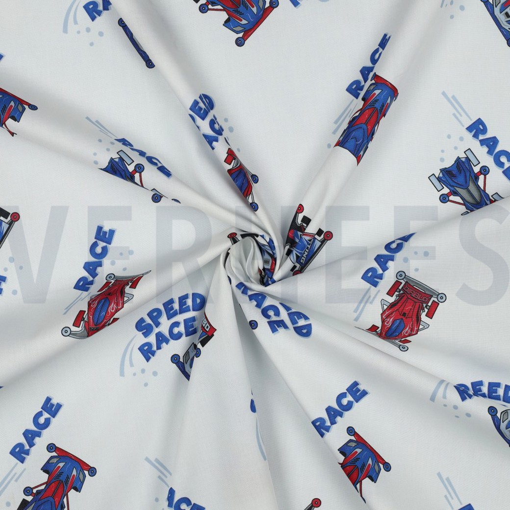 FINE POPLIN DIGITAL RACE CARS WHITE #3