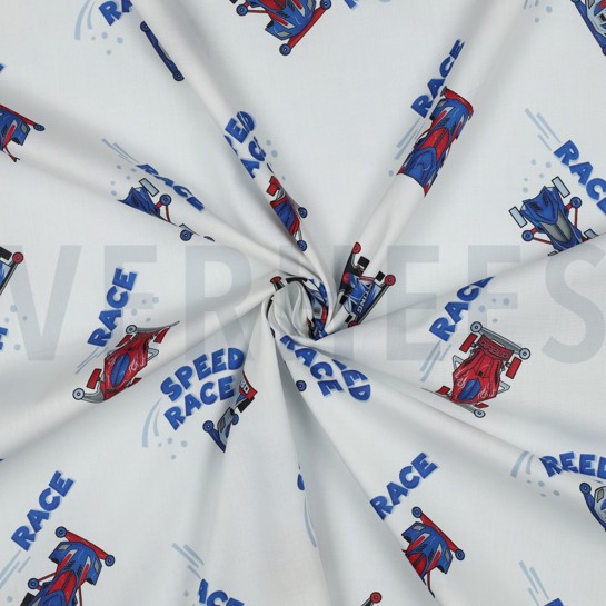 FINE POPLIN DIGITAL RACE CARS WHITE #7