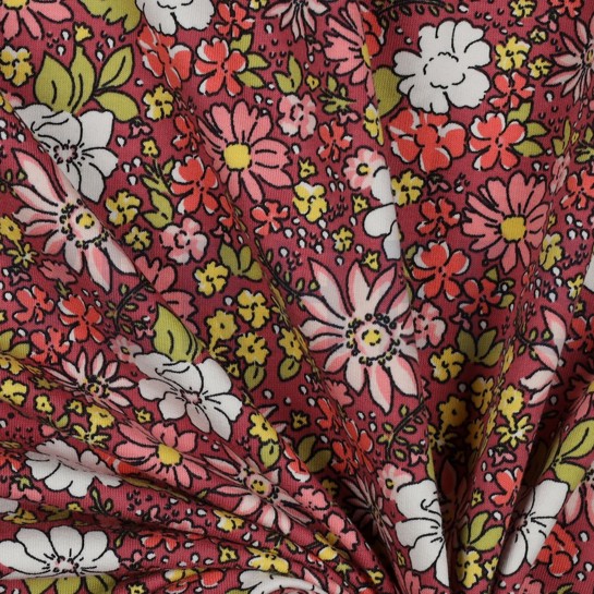 FRENCH TERRY BLOEMEN DONKERROZE #7