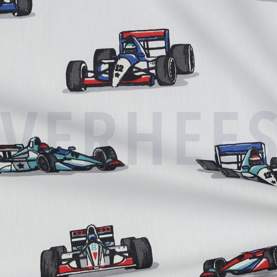 BAUMWOLLE POPELINE RENNWAGEN WEISS #7