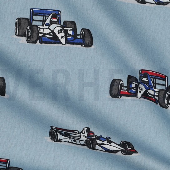 BAUMWOLLE POPELINE RENNWAGEN HELLBLAU #7