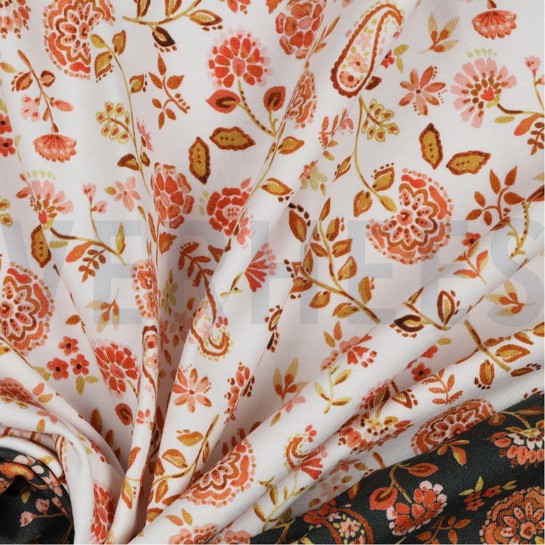 JERSEY DIGITAL PAISLEY FLOWERS WHITE PEACH #7