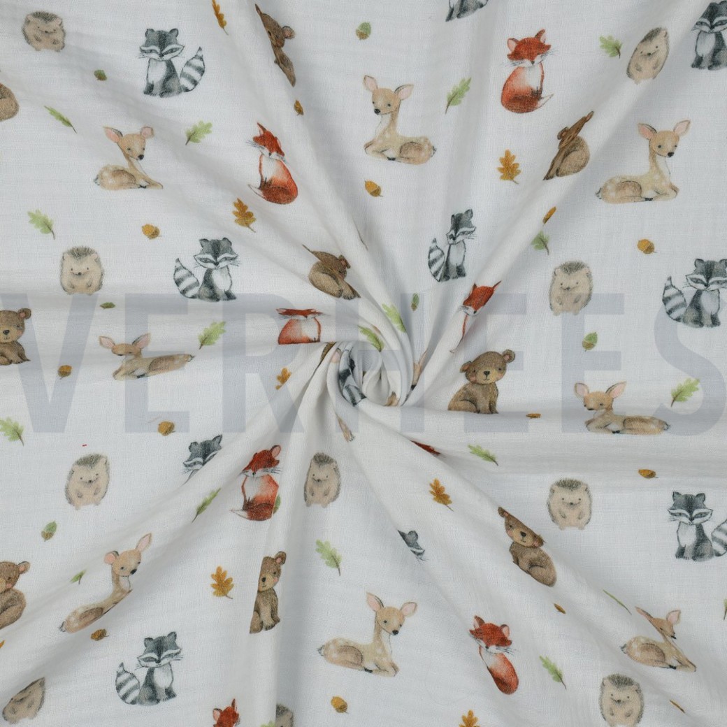 DOUBLE GAUZE DIGITAL FOREST ANIMALS WHITE #3