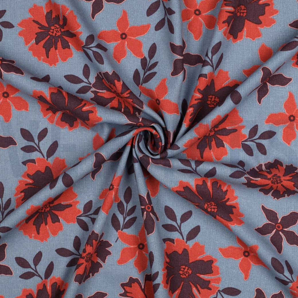 LINEN VISCOSE FLOWERS BLUE #3