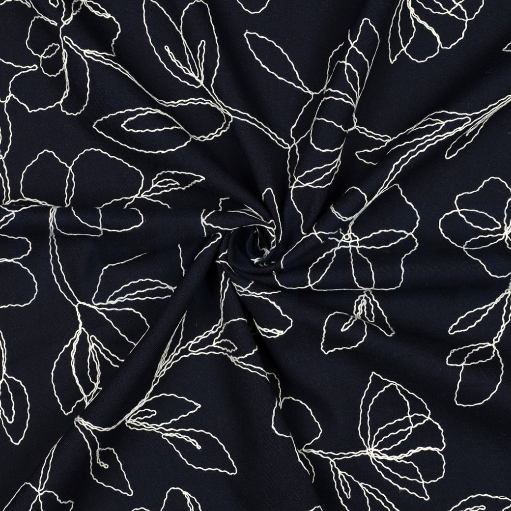 LINEN VISCOSE EMBROIDERY FLOWERS NAVY #3