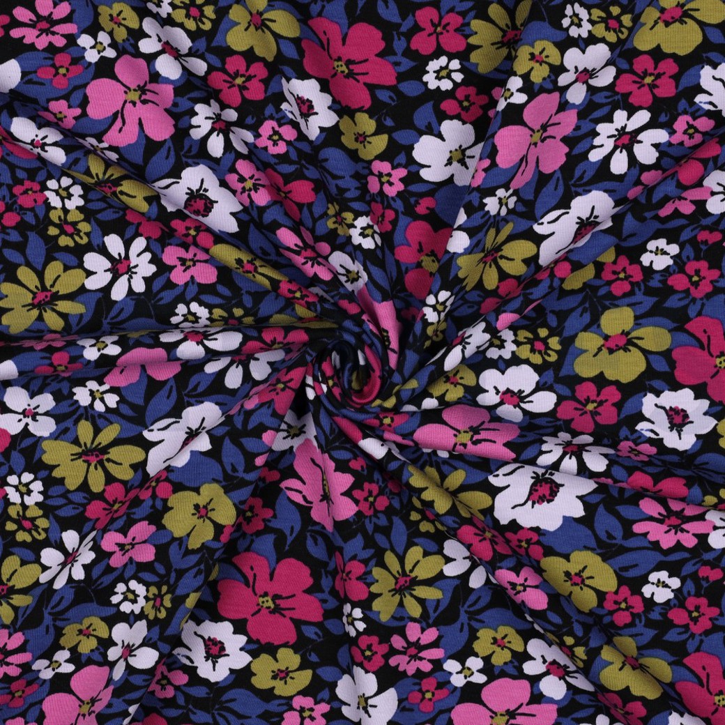 FRENCH TERRY FLOWERS BLACK/ BLUE #3