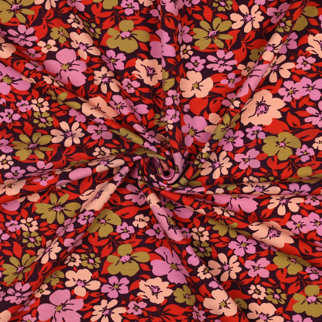 FRENCH TERRY FLOWERS BORDEAUX/ RED #3