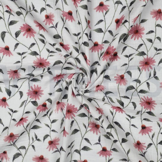 DOUBLE GAUZE GOTS DIGITAL FLOWERS WHITE #7
