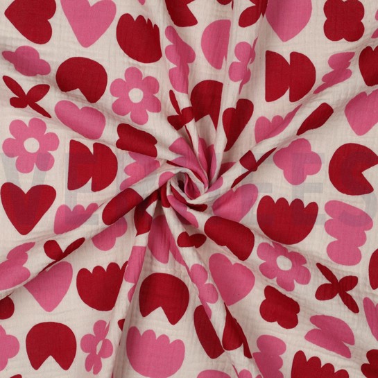 DOUBLE GAUZE GOTS NATURAL LOVE SHAPES NATURAL / FUCHSIA #7