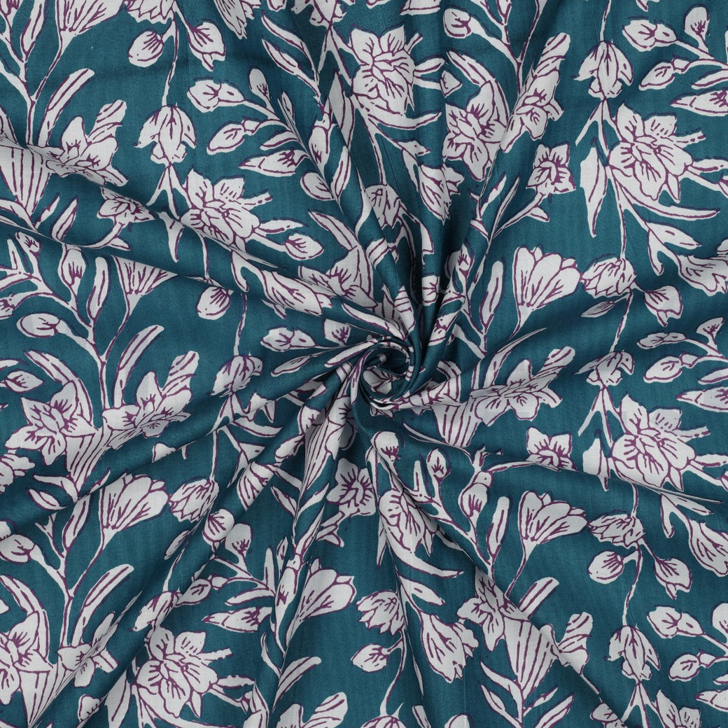HANDCRAFTED BLOCK-PRINTED COTTON FLOWERS PETROL #3