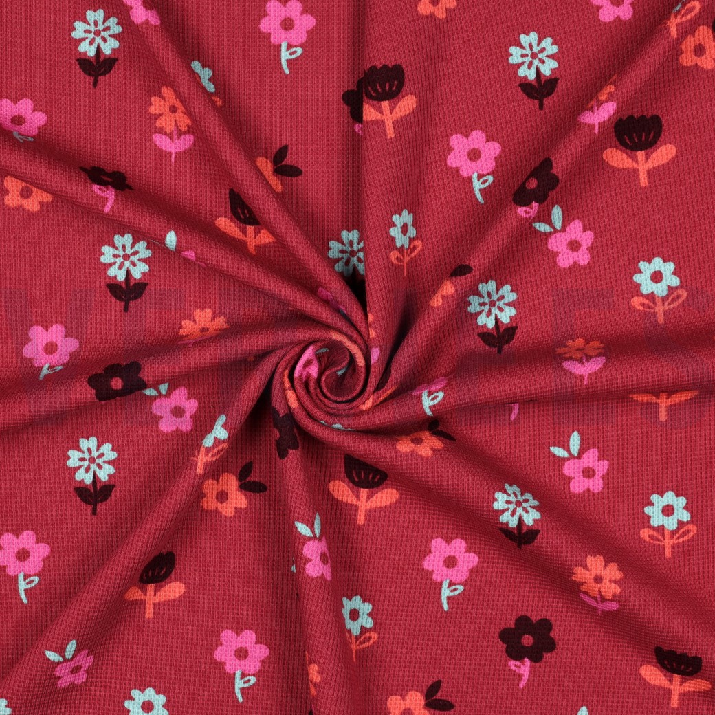 WAFFLE JERSEY FLOWERS DARK RED #3