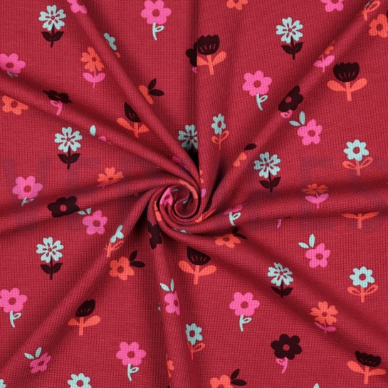 WAFFLE JERSEY FLOWERS DARK RED #7