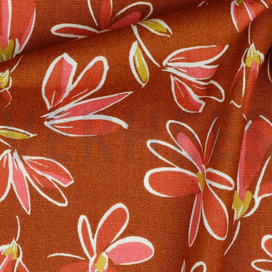 LINEN VISCOSE WASHED FLOWERS BRICK #7
