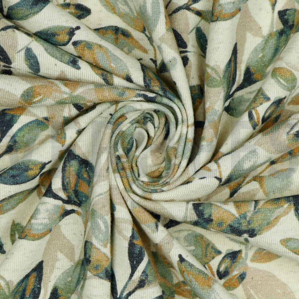 LINEN JERSEY DIGITAL LEAVES OLD GREEN/ OCHRE #3