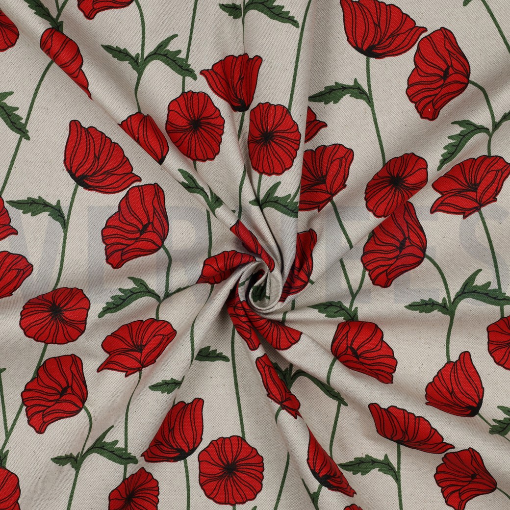 COATED CANVAS LINEN LOOK POPPY FLOWERS NATURAL #3