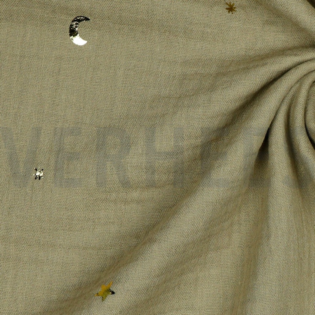 DOUBLE GAUZE FOIL MOON AND STARS TAUPE #3