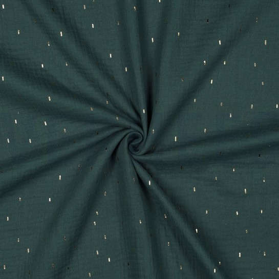 DOUBLE GAUZE FOLIE STREPEN DONKERGROEN / GOUD #7