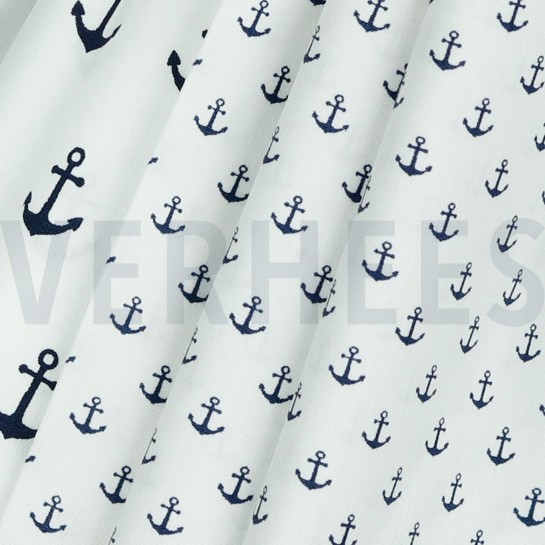 POPELINE DE COTON PETITS ANCRAGES BLANC / BLEU MARINE #7