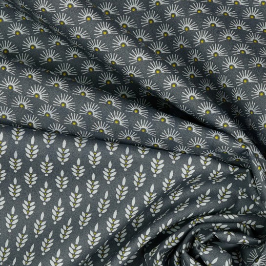 KATOENEN POPLIN FANTASIEBLOEMEN STEENGRIJS #7