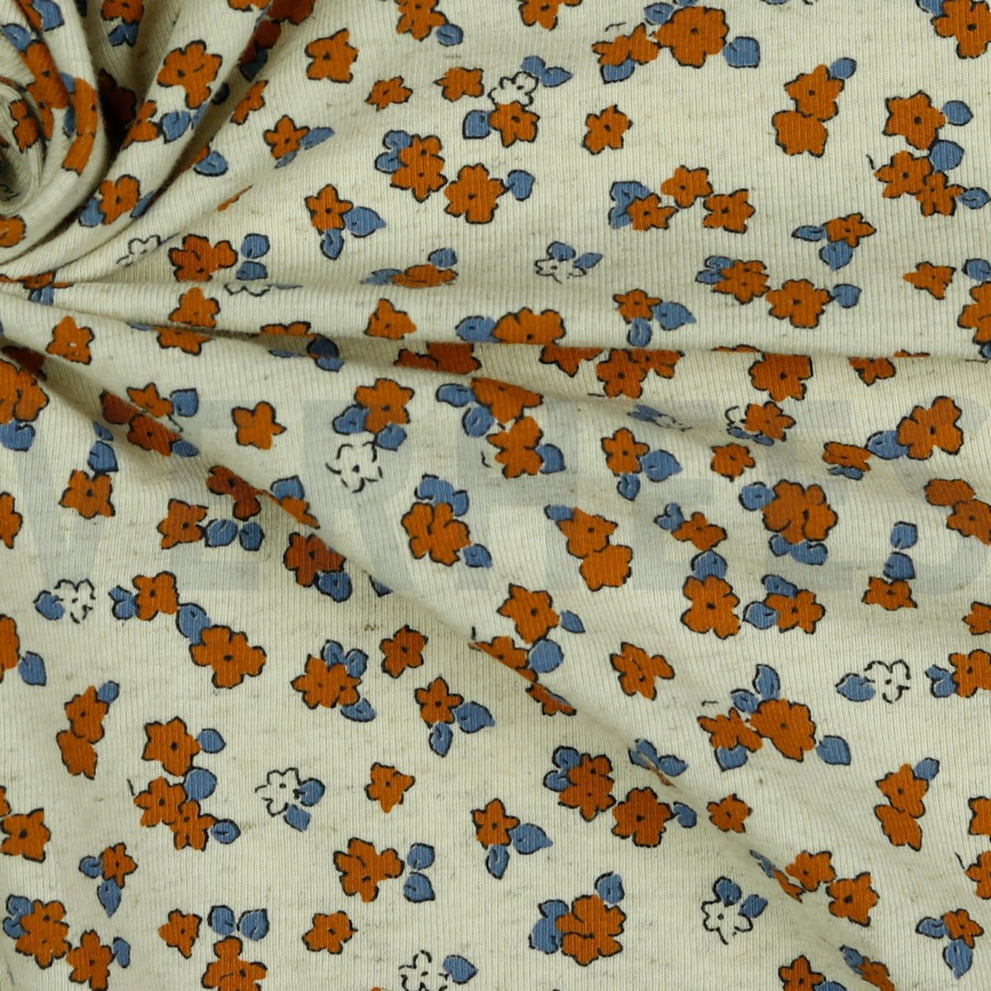 LINEN JERSEY SMALL FLOWERS NATURAL/DARK APRICOT/BLUE (high resolution) #3