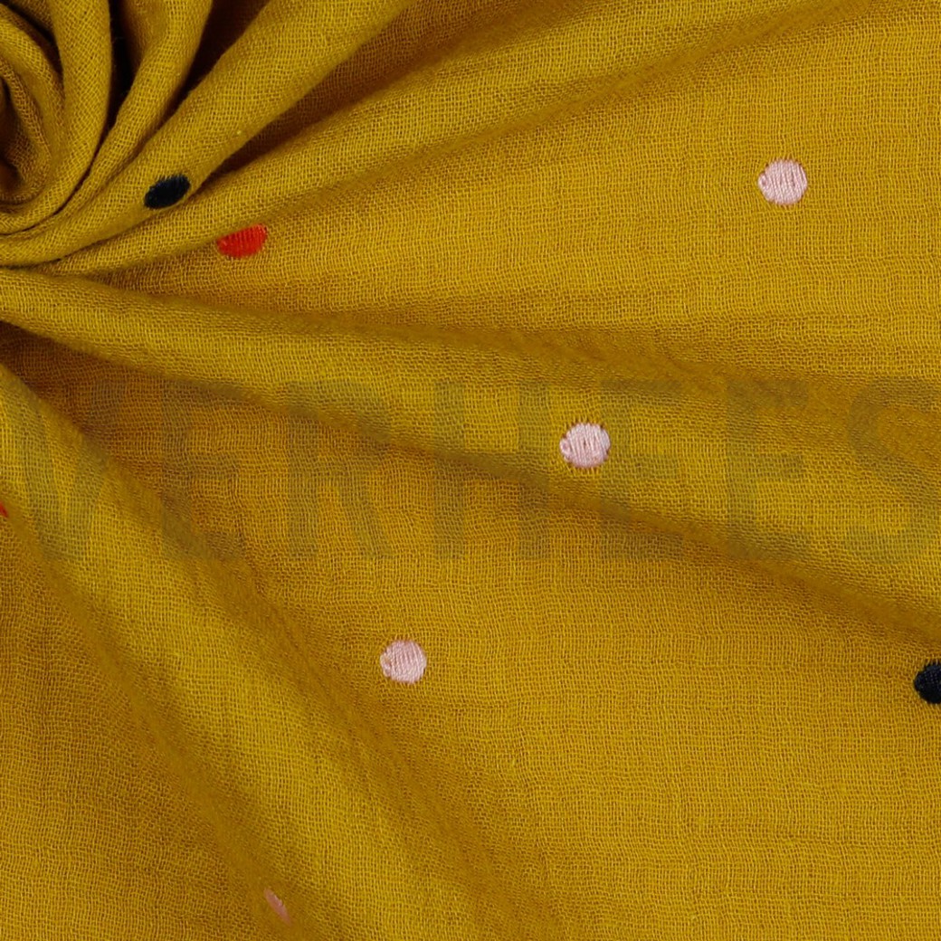DOUBLE GAUZE EMBROIDERY DOTS OCHRE #3