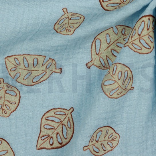 MUSSELIN MONSTERA BLÄTTER HELLBLAU #7
