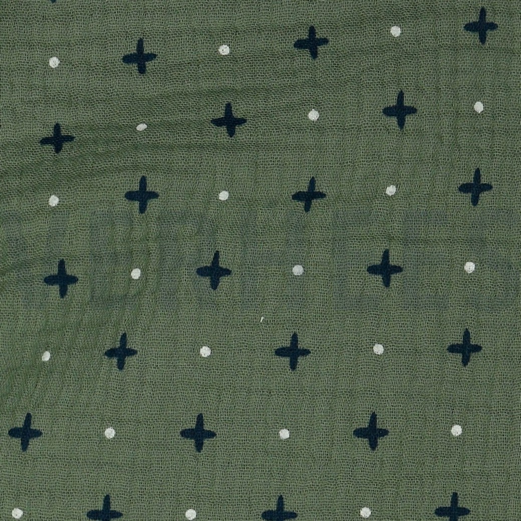 DOUBLE GAUZE CROSS AND DOTS MOSS GREEN #3
