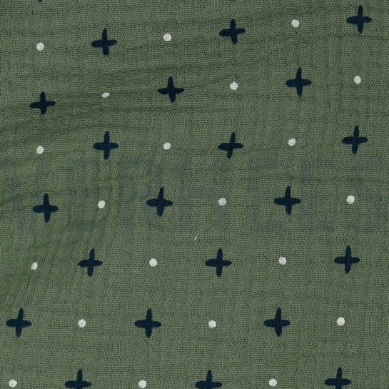 DOUBLE GAUZE CROSS AND DOTS MOSS GREEN #7