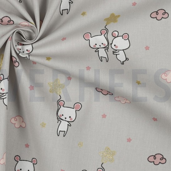 KATOENEN POPLIN GLITTER LIEF MUISJE LICHTGRIJS #7