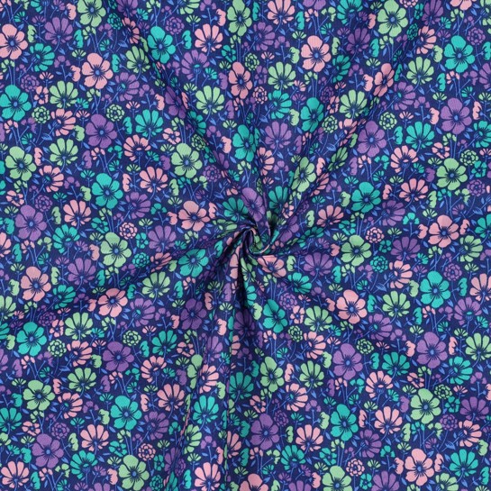 COTON ENDUIT FLEURS BLEU COBALT #7