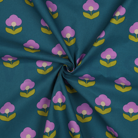 COATED COTTON RETRO FLOWERS PETROL #7
